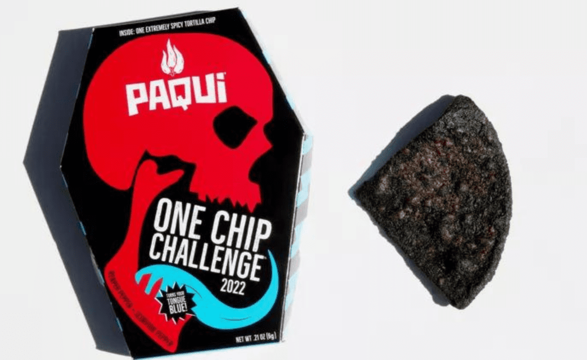 Coffin packaging for the chip and the chip from Paqui's who makes the chip from the viral tiktok challenge the One Chip Challenge